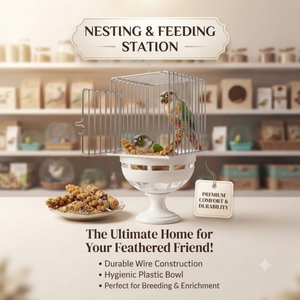 Golden Cat Canary External Nest Pan Wire Cage with White Plastic Nest Bowl, External Cage Mounting Nest for Canaries, British Finches and Similar Small Birds, Easy Clean, 10 x 12 x 17 cm