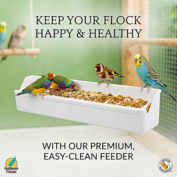 Premium Multi Compartment Bird Feeder with Removable Grill Spill Proof Seed Dispenser White Plastic Cage Aviary Feeder for Canaries Finches Budgies Lovebirds Cockatiels Parakeets and Small Parrots 38.5 x 7 x 9.5 cm