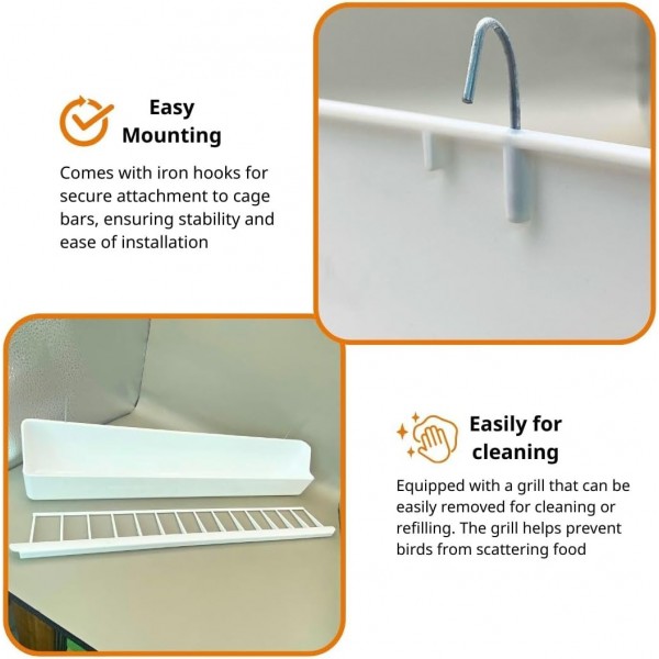 Premium Multi Compartment Bird Feeder with Removable Grill Spill Proof Seed Dispenser White Plastic Cage Aviary Feeder for Canaries Finches Budgies Lovebirds Cockatiels Parakeets and Small Parrots 38.5 x 7 x 9.5 cm