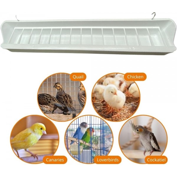 Premium Multi Compartment Bird Feeder with Removable Grill Spill Proof Seed Dispenser White Plastic Cage Aviary Feeder for Canaries Finches Budgies Lovebirds Cockatiels Parakeets and Small Parrots 38.5 x 7 x 9.5 cm