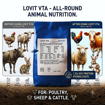 Kaesler Lovit VTA Water Soluble Vitamin, Trace Element & Amino Acid Supplement for Poultry, Sheep, Cattle & Rabbits, with 1.3% Soy Protein Hydrolysate, Animal Nutrition Premix for Growth, Immunity & Vitality, 1 kg