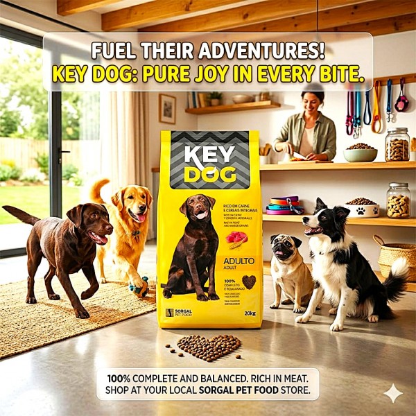 Key Dog Adult Dry Dog Food 20kg by Sorgal Pet Food – Complete & Balanced Maintenance Nutrition for Adult Dogs of All Breeds – Rich in Meat & Whole Grains – Economical Bulk Pack for Shelters, Kennels & Home Use