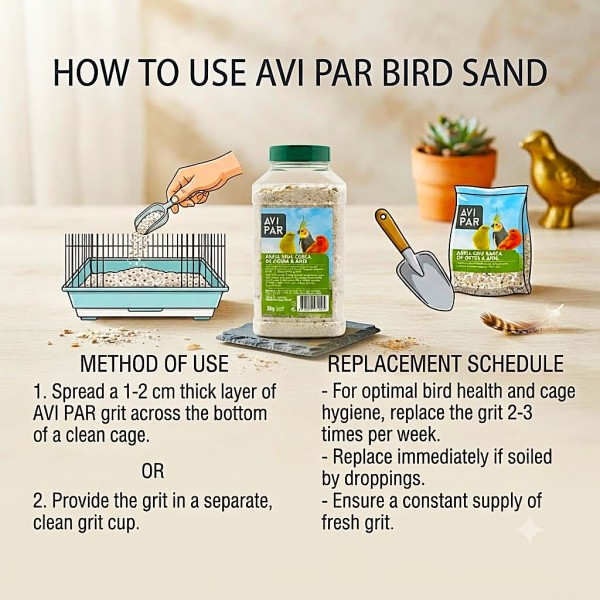 AVI PAR Premium Bird Cage Grit with Crushed Oyster Shell, Washed Sand & Aniseed 6.1% – Calcium 35% – Bird Grit for Canaries, Budgies, Finches & Cockatiels – 2kg