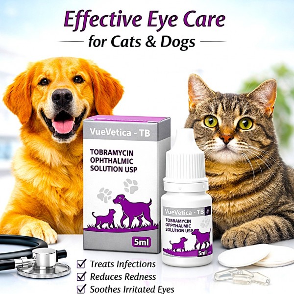 VueVetica-TB Tobramycin Ophthalmic Solution USP 5ml for Dogs & Cats – Veterinary Antibiotic Eye Drops for Bacterial Conjunctivitis, Keratitis & Eye Infections | Fast Relief Redness Irritation Treatment | Goldencat UAE