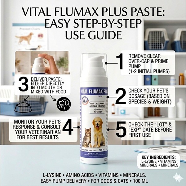 Vital Flumax Plus Respiratory & Immune Support Paste for Dogs & Cats 100ml – L-Lysine, Taurine, Vitamin B3 & B6, Zinc, Pomegranate & Pelargonium Herbal Extracts – Advanced Pet Supplement for Breathing, Immunity & Recovery UAE