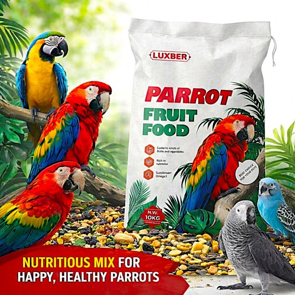 LUXBER Premium Parrot Fruit Food 10kg – Natural Blend of Fruits, Seeds & Nuts | Rich in Vitamins, Minerals & Omega-3 | Complete Daily Nutrition for Macaws, African Greys, Cockatoos & Other Pet Birds