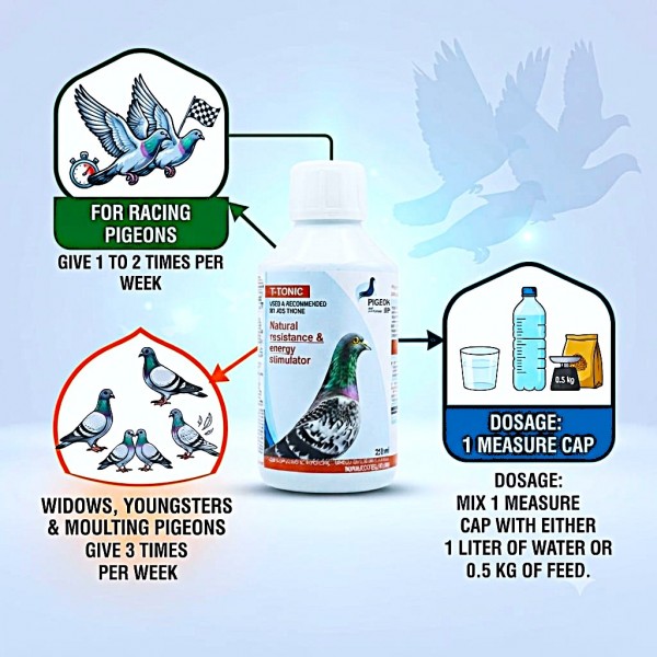 T-TONIC Natural Energy & Resistance Booster for Racing Pigeons 250ml | Metabolism Support Supplement for Racing, Breeding & Moulting Birds