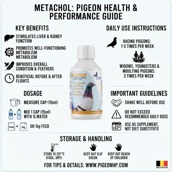 Pigeon HP Metachol 250ml Liver & Kidney Support Supplement for Racing Pigeons | Liquid Vitamin Feed with Choline, Biotin, Vitamin B12, Fructose & Sorbitol | Digestive Health, Feather Growth & Recovery Support for Birds