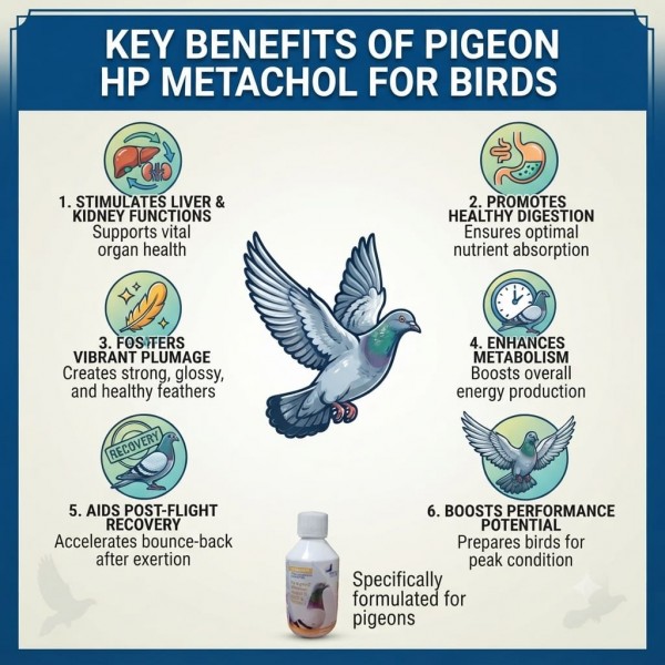 Pigeon HP Metachol 250ml Liver & Kidney Support Supplement for Racing Pigeons | Liquid Vitamin Feed with Choline, Biotin, Vitamin B12, Fructose & Sorbitol | Digestive Health, Feather Growth & Recovery Support for Birds