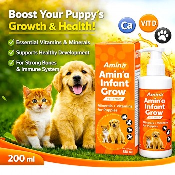 Amin Infant Grow Pet Syrup 200ml – Vitamins & Minerals Supplement for Puppies, Dogs & Cats | Supports Growth, Immunity, Bone Strength & Skin Health