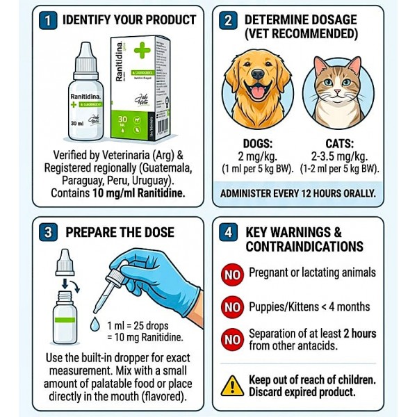 Ranitidina John Martin Flavoured Drops for Dogs and Cats 30ml – 10mg/ml Veterinary Antacid Oral Solution for Gastritis, Acid Reflux, Gastric Ulcers, Duodenal Ulcers, Esophagitis and Gastrointestinal Acid Control – H2 Receptor Blocker for Pets