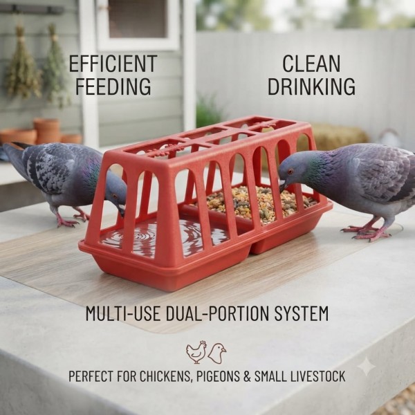 Dual Compartment Poultry Feeder and Waterer 63 x 27 x 28 cm Heavy Duty Plastic Chicken Feeder Water Dispenser for Chickens Pigeons Ducks Quail Backyard Farm Coop