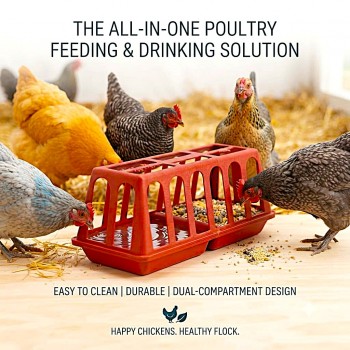Dual Compartment Poultry Feeder and Waterer 63 x 27 x 28 cm Heavy Duty Plastic Chicken Feeder Water Dispenser for Chickens Pigeons Ducks Quail Backyard Farm Coop