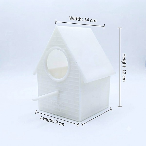 Durable Plastic Bird Nesting Box House with Integrated Cage Hanging Pegs Front Perch Circular Entrance Enclosed Breeding Shelter for Small Birds Aviary Cage 14 x 9 x 12 cm White