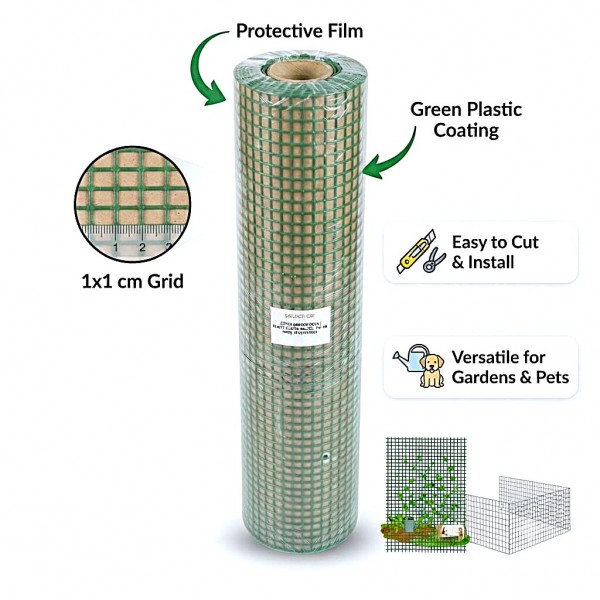 Green Plastic Coated Welded Wire Mesh Roll 1 cm x 1 cm | 15 Meter Garden Fencing Net | Pet Enclosure, Bird Cage, Chicken Coop, Rabbit Run, Plant Protection, Farm Fence and DIY Use