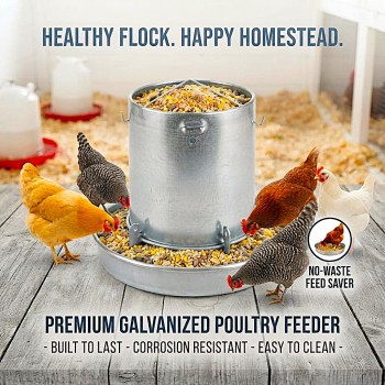 Professional Galvanized Steel Poultry Feeder 5kg Capacity with Adjustable Feed Flow, Anti-Scratch Waste-Reducing Pan, Hanging or Ground Chicken Duck Feeder for Farm Backyard Coop