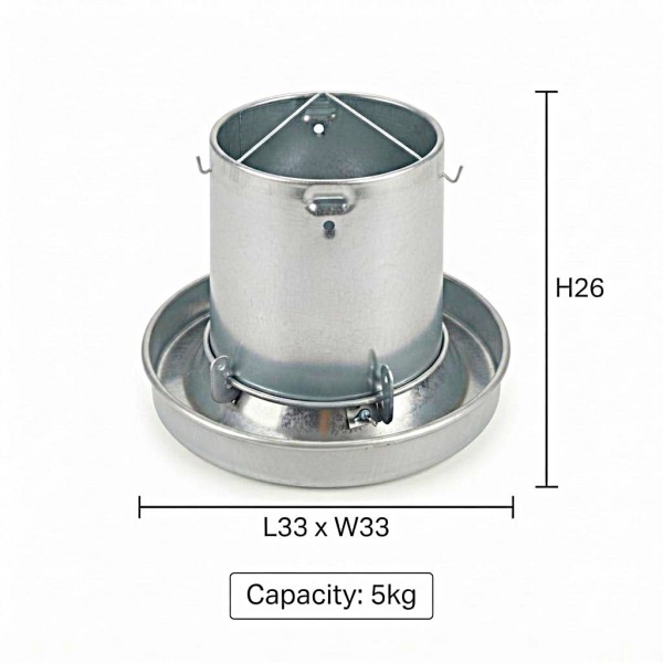 Professional Galvanized Steel Poultry Feeder 5kg Capacity with Adjustable Feed Flow, Anti-Scratch Waste-Reducing Pan, Hanging or Ground Chicken Duck Feeder for Farm Backyard Coop