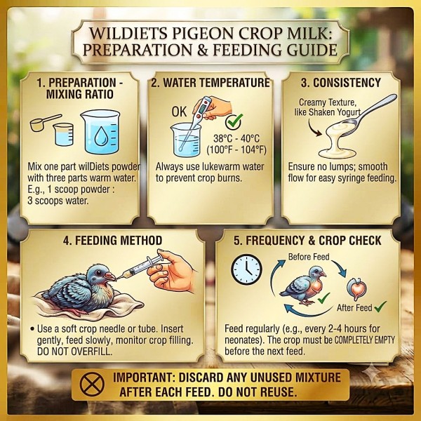 WildDiets Psittacus Pigeon Crop Milk Hand Feeding Formula for Baby Pigeons & Doves, Complete Hand-Rearing Food, 44% Protein, 40% Fat, Vitamins & Minerals, 500g