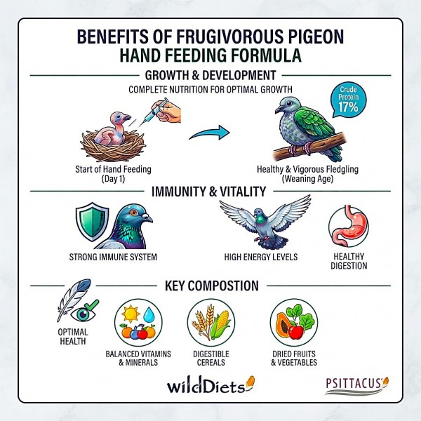 wilDiets Frugivorous Pigeon Hand Feeding Formula 1kg – Complete Hand-Rearing Food for Baby Frugivorous Pigeons and Fruit-Eating Doves – With Cereals, Legumes, Dried Apple, Papaya, Egg, Linseed, Vitamins & Minerals – Made in Spain wilDiets Frugivorous Pigeon Hand Feeding Formula 1kg – Complete Hand-Rearing Food for Baby Frugivorous Pigeons and Fruit-Eating Doves – With Cereals, Legumes, Dried Apple, Papaya, Egg, Linseed, Vitamins & Minerals – Made in Spain