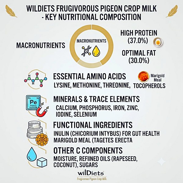 WildDiets Psittacus Frugivorous Pigeon Crop Milk 500g, Complete Hand Feeding Food for Baby Pigeons, Nutritionally Balanced Formula with Protein, Fat, Vitamins & Minerals, Hand Rearing Food for Young Pigeons