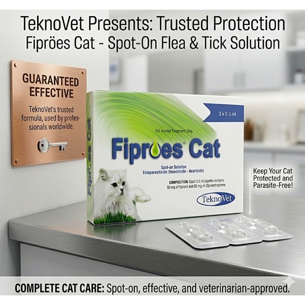 Fiproes Cat Spot-on Solution 3 x 0.5 ml – Flea, Tick & Lice Treatment for Cats | Effective Parasite Control with Fipronil & (S)-Methoprene | Veterinarian-Recommended Spot-On for Cats | Monthly Protection for Fleas, Ticks & Allergic Dermatitis