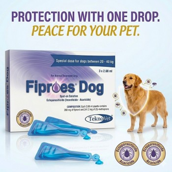 Fiproes Dog Spot-on Solution for Dogs 20–40 kg – 3 x 2.68 ml Pipettes | Flea, Tick & Lice Treatment | Fipronil + (S)-Methoprene Veterinary Parasite Control | TeknoVet Spot-On Solution Fiproes Dog Spot-on Solution for Dogs 20–40 kg – 3 x 2.68 ml Pipettes | Flea, Tick & Lice Treatment | Fipronil + (S)-Methoprene Veterinary Parasite Control | TeknoVet Spot-On Solution