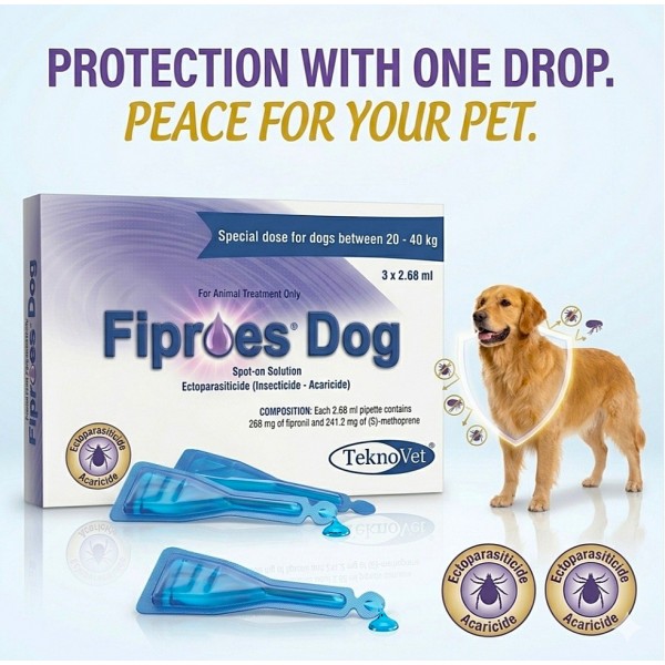 Fiproes Dog Spot-on Solution for Dogs 20–40 kg – 3 x 2.68 ml Pipettes | Flea, Tick & Lice Treatment | Fipronil + (S)-Methoprene Veterinary Parasite Control | TeknoVet Spot-On Solution