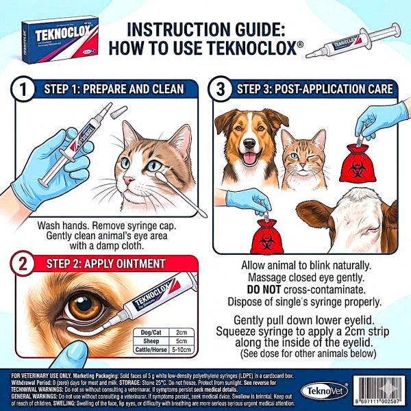 TEKNOCLOX Veterinary Eye Ointment 4 x 5g Syringes – Cloxacillin Benzathine Antibacterial Treatment for Pink Eye, Infectious Keratoconjunctivitis & Ocular Infections in Cattle, Sheep, Horses, Dogs & Cats