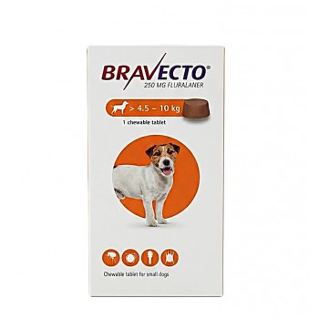 Bravecto 250mg Chewable Tablet for Small Dogs 4.5–10kg – 12 Week Flea & Tick Treatment & Prevention – Fluralaner Oral Parasite Control – Long Lasting Veterinary Prescription Flea Killer for Dogs Over 4.5 kg Up to 10 kg