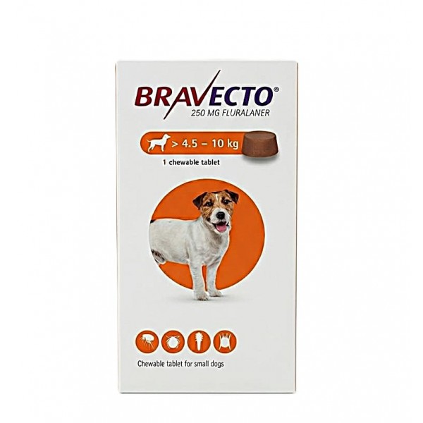 Bravecto 250mg Chewable Tablet for Small Dogs 4.5–10kg – 12 Week Flea & Tick Treatment & Prevention – Fluralaner Oral Parasite Control – Long Lasting Veterinary Prescription Flea Killer for Dogs Over 4.5 kg Up to 10 kg