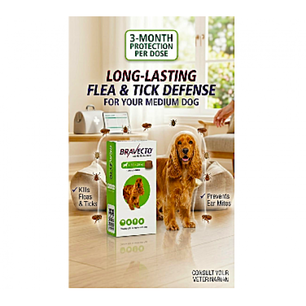 Bravecto Chewable Tablets for Medium Dogs 10–20kg 500mg Fluralaner | Flea and Tick Treatment for Dogs | 3 Month Protection | Fast Acting Oral Parasite Control