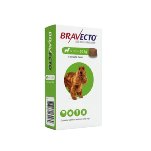 Bravecto Chewable Tablets for Medium Dogs 10–20kg 500mg Fluralaner | Flea and Tick Treatment for Dogs | 3 Month Protection | Fast Acting Oral Parasite Control
