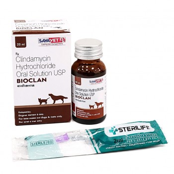 BIOCLAN Clindamycin Hydrochloride Oral Solution USP 20ml for Dogs & Cats – Veterinary Antibiotic by SAVAVET for Skin, Dental, Wound & Bone Infections | 25mg/ml Oral Antibacterial Suspension with Syringe