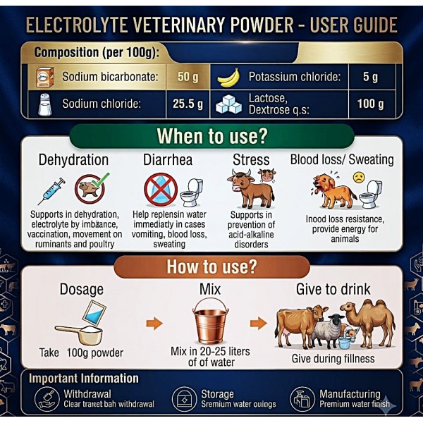 Electrolyte Water Soluble Powder 100g | Veterinary Electrolyte Supplement for Dogs, Livestock & Poultry | Dehydration, Stress & Electrolyte Balance Support | Fast Hydration & Energy Support