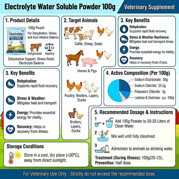 Electrolyte Water Soluble Powder 100g | Veterinary Electrolyte Supplement for Dogs, Livestock & Poultry | Dehydration, Stress & Electrolyte Balance Support | Fast Hydration & Energy Support