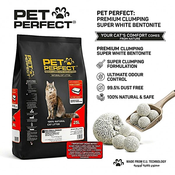 Pet Perfect Premium White Bentonite Clumping Cat Litter 25L (20kg) – Ultra Absorbent, Instant Clumping, Low Dust, Odour Control, 100% Natural Unscented Cat Litter for All Cats