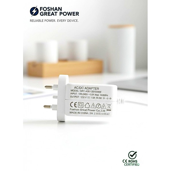 Adapter for Automatic Cat Litter Box, 12V 1.5A AC/DC Power Adapter, UK 3-Pin Plug, 18W Replacement Charger, Center-Positive, Compatible with Multiple Models