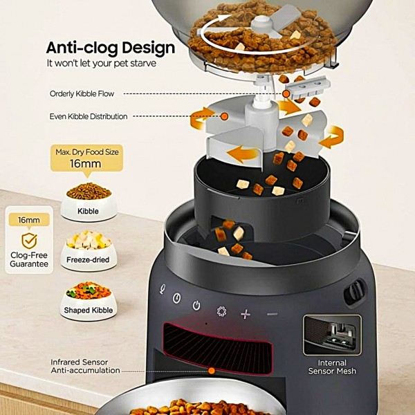 Automatic Cat Feeder 4.2L Light Coffee, Programmable Pet Food Dispenser for Cats and Small Dogs, 6 Meals per Day, Portion Control, 20-Second Voice Recorder, Anti-Clog System and Battery Backup