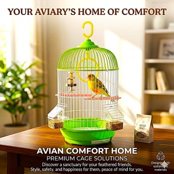 Golden Cat Round Bird Cage for Small Birds, 50cm Hanging Aviary with Adjustable Perches, Detachable Feeders & Removable Tray, Green & White