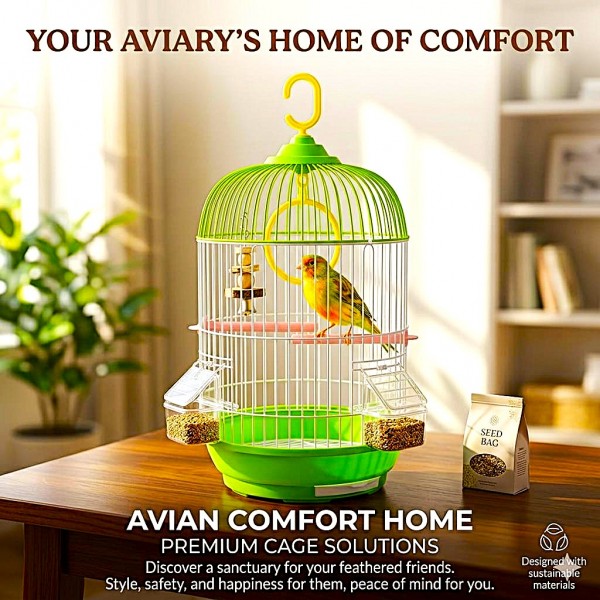 Golden Cat Round Bird Cage for Small Birds, 50cm Hanging Aviary with Adjustable Perches, Detachable Feeders & Removable Tray, Green & White