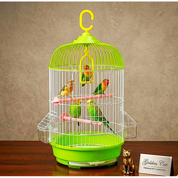 Golden Cat Round Bird Cage for Small Birds, 50cm Hanging Aviary with Adjustable Perches, Detachable Feeders & Removable Tray, Green & White