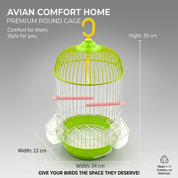 Golden Cat Round Bird Cage for Small Birds, 50cm Hanging Aviary with Adjustable Perches, Detachable Feeders & Removable Tray, Green & White