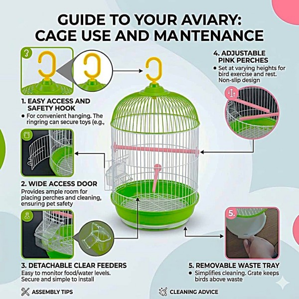 Golden Cat Round Bird Cage for Small Birds, 50cm Hanging Aviary with Adjustable Perches, Detachable Feeders & Removable Tray, Green & White