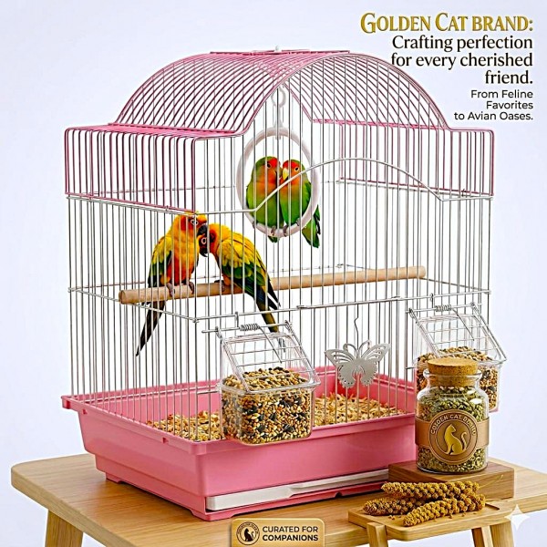 Golden Cat Premium Aviary Bird Cage 30x26x39 cm – Elegant Hanging Round Bird Cage with Slide-Out Cleaning Tray, External Feeder Cups & Activity Ring, Durable Decorative Indoor Cage for Finches, Canaries, Budgies & Small Birds