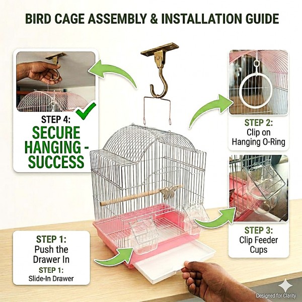 Golden Cat Premium Aviary Bird Cage 30x26x39 cm – Elegant Hanging Round Bird Cage with Slide-Out Cleaning Tray, External Feeder Cups & Activity Ring, Durable Decorative Indoor Cage for Finches, Canaries, Budgies & Small Birds
