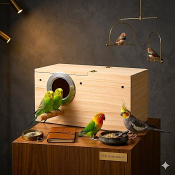Golden Cat Medium Wooden Bird Breeding Box 29x15x15cm – Natural Nesting House with Reinforced Entrance Protector, Hinged Lid & Perch for Parrots, Budgies & Lovebirds