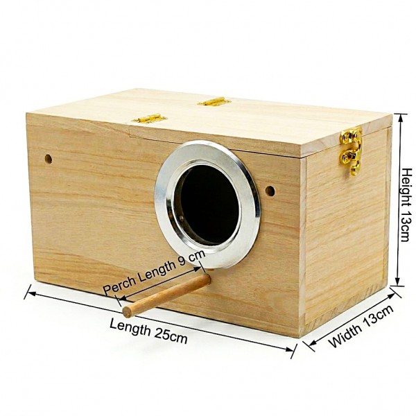 Golden Cat Small Wooden Bird Breeding Box 25x13x13cm – Natural Nesting House with Reinforced Entrance Protector, Hinged Lid & Perch for Budgies, Lovebirds, Finches & Small Birds