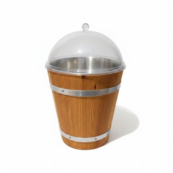 Multifunction Rustic Wooden Display Bucket with Clear Dome Lid & Stainless Steel Insert – Ice Bucket, Wine & Champagne Chiller, Food Storage & Grain Display Container for Retail, Home & Outdoor Use (35 x 35 x 50 cm, 20L)