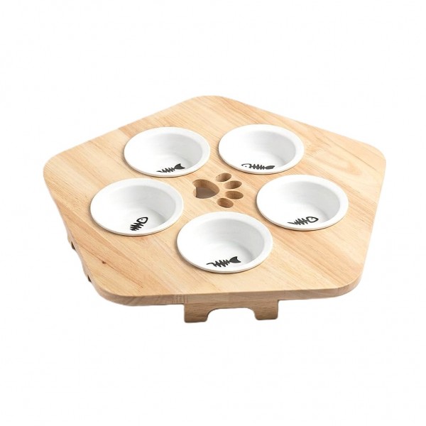 Wooden pet Feeder Table With 5 Bowls, Raised Cat Inclined Food And Water Bowl For Neck Protection (46X46X8)