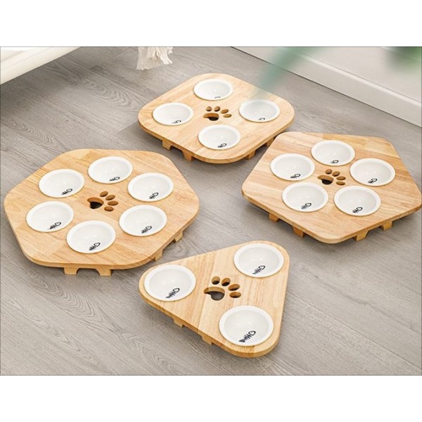 Wooden pet Feeder Table With 5 Bowls, Raised Cat Inclined Food And Water Bowl For Neck Protection (46X46X8)